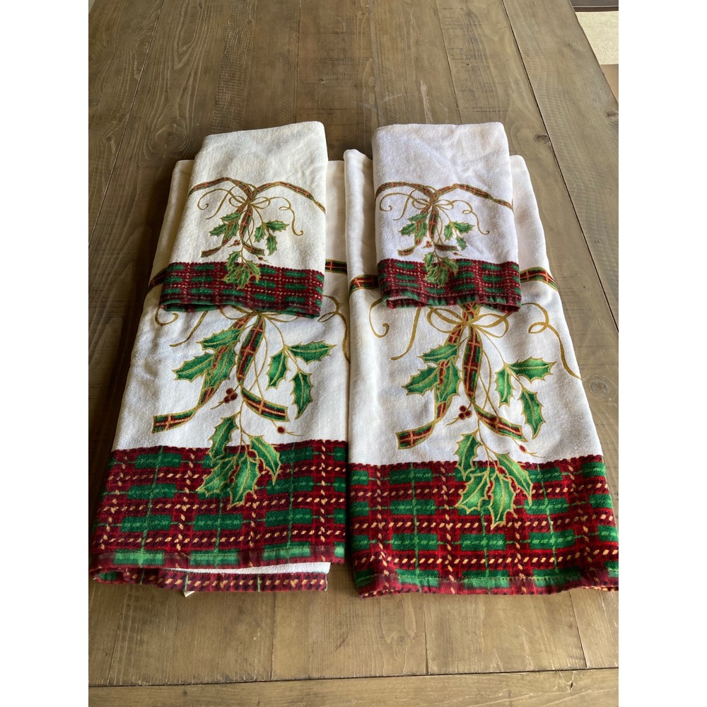 Lenox Holiday Nouveau 4 Piece Towel Set Cotton Holly Plaid Gold 750906 New